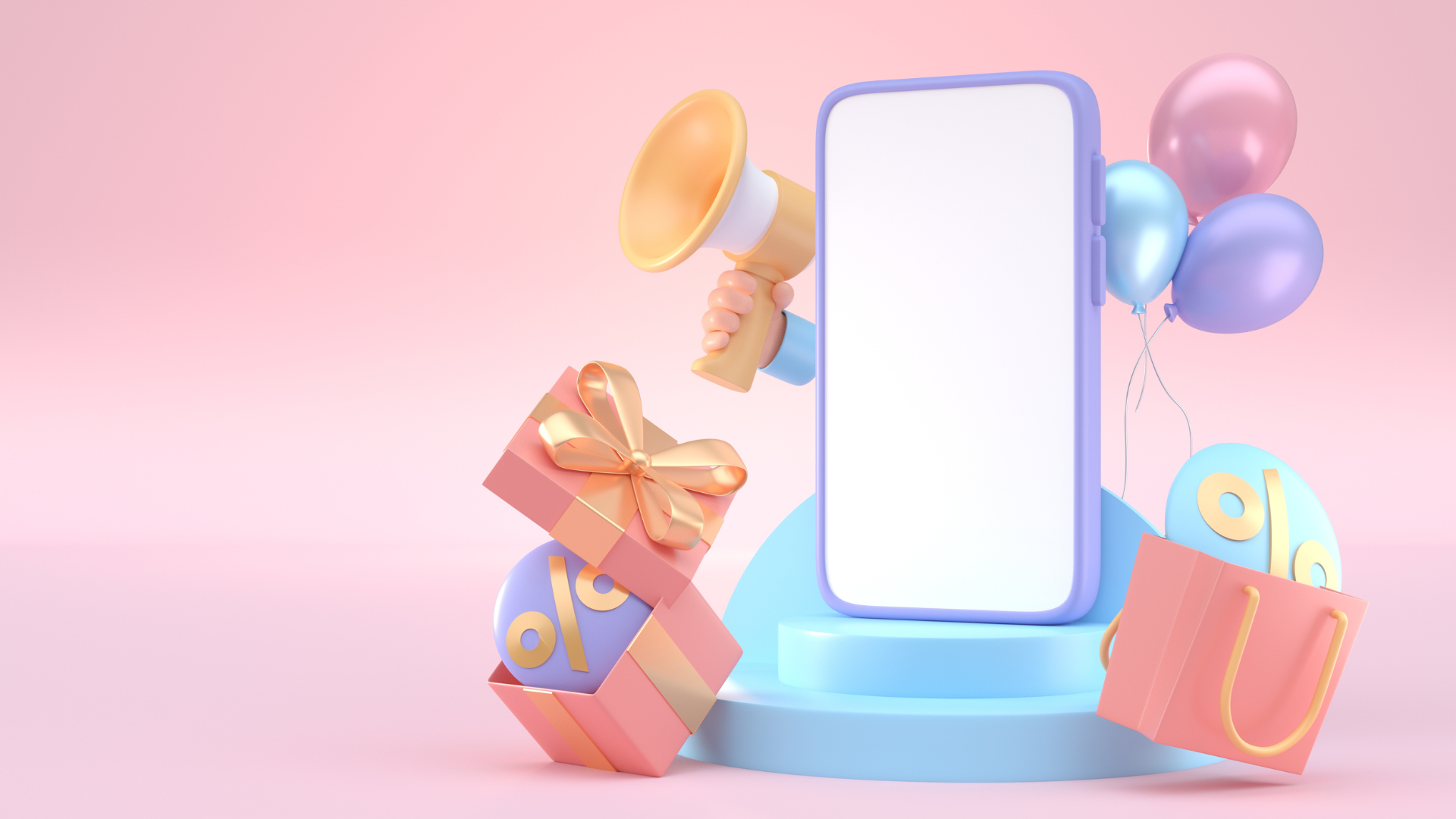 Rendering 3D creativo di uno smartphone con megafono, pacchi regalo, palloncini e simboli di sconto, rappresentando le attività di local communication e social promotion per il pubblico giapponese.