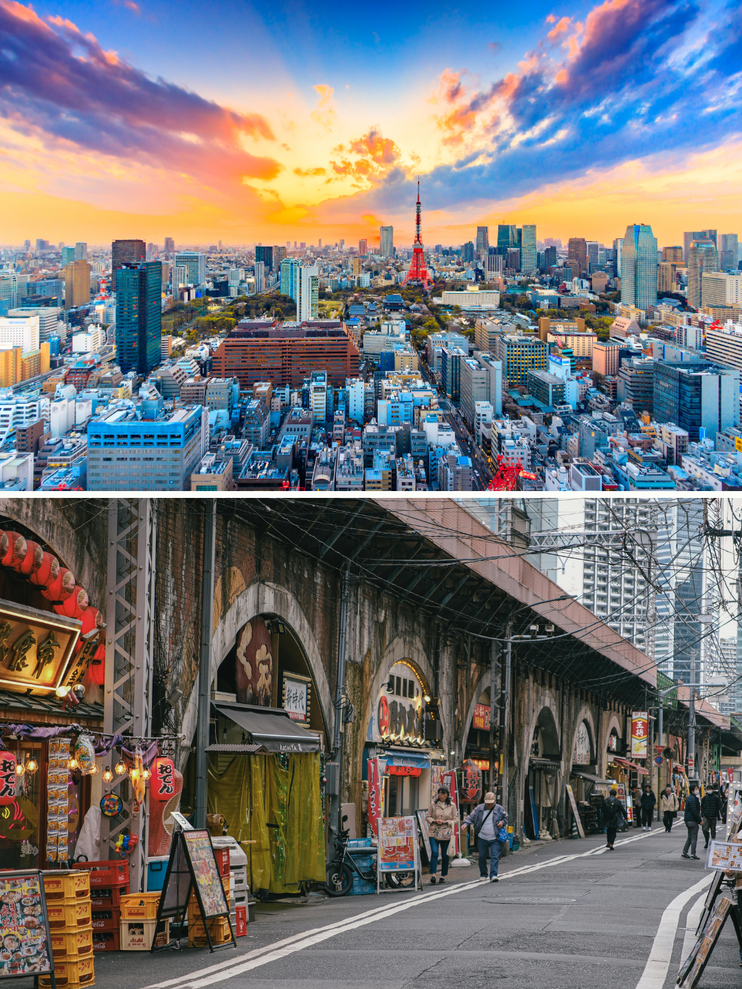 un'ampia veduta panoramica di Tokyo al tramonto con la Tokyo Tower che svetta tra i grattacieli sotto un cielo arancione e viola; in basso, una prospettiva ravvicinata di un vicolo autentico a Tokyo situato sotto le arcate di una ferrovia, con lanterne rosse, insegne tipiche in giapponese e passanti che passeggiano tra i locali locali.