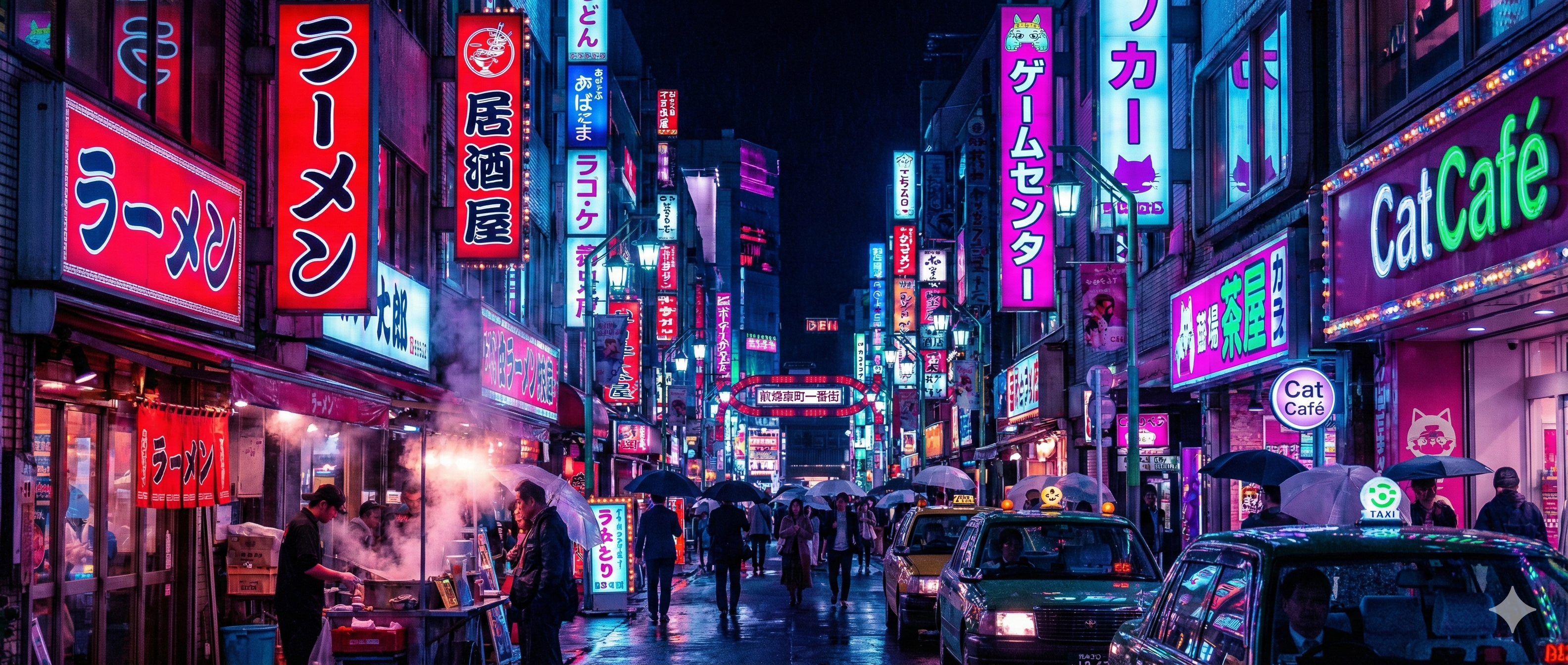Una vibrante via notturna di Tokyo con insegne al neon per Ramen e Cat Café; l'energia metropolitana e il design urbano vissuti con la logistica fluida di Hidden Japan.