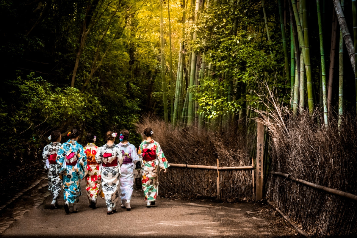 Un gruppo di viaggiatrici in kimono cammina lungo un sentiero nella foresta di bambù di Arashiyama; un'esperienza di immersione culturale tipica dei viaggi di gruppo organizzati da Hidden Japan.