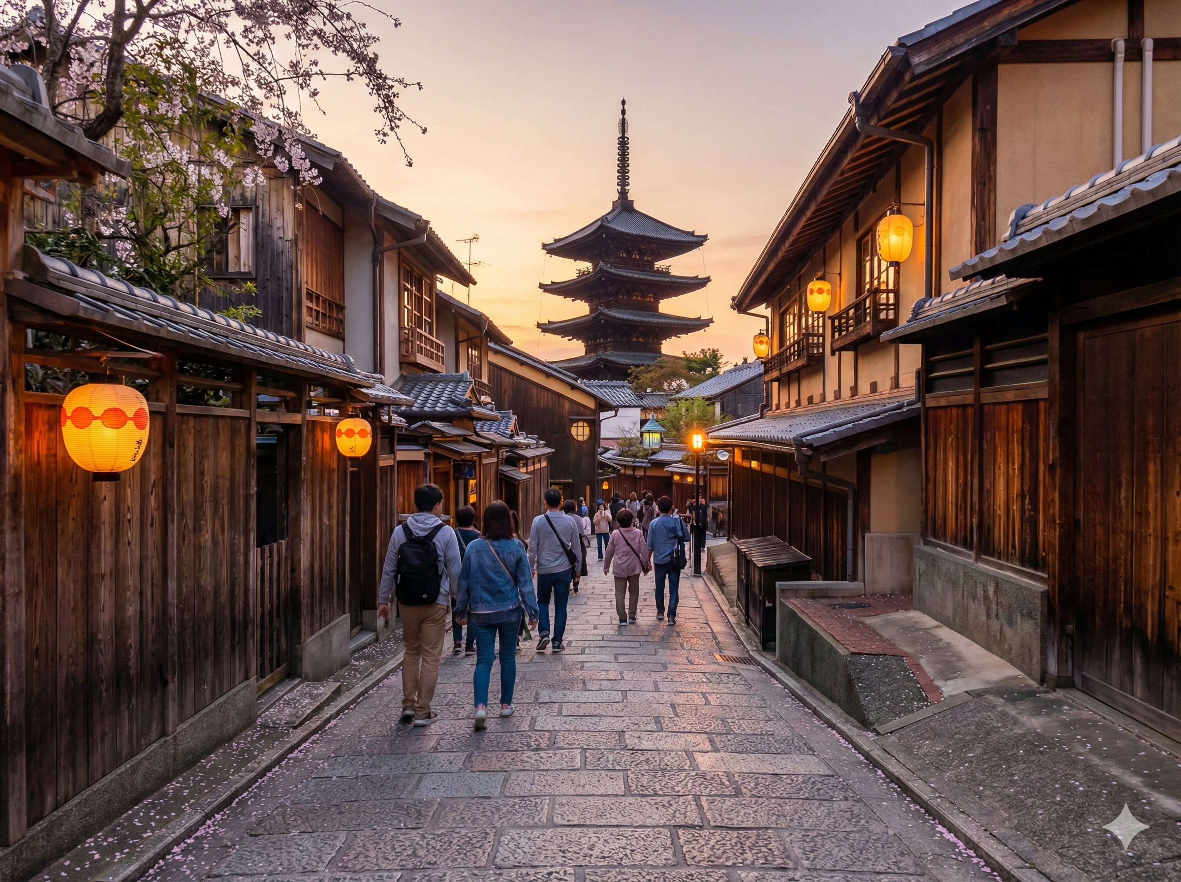 Turisti passeggiano tra le case in legno di Kyoto verso la pagoda Yasaka illuminata dal tramonto; pacchetti viaggio esclusivi Hidden Japan per vivere la magia del Giappone storico.